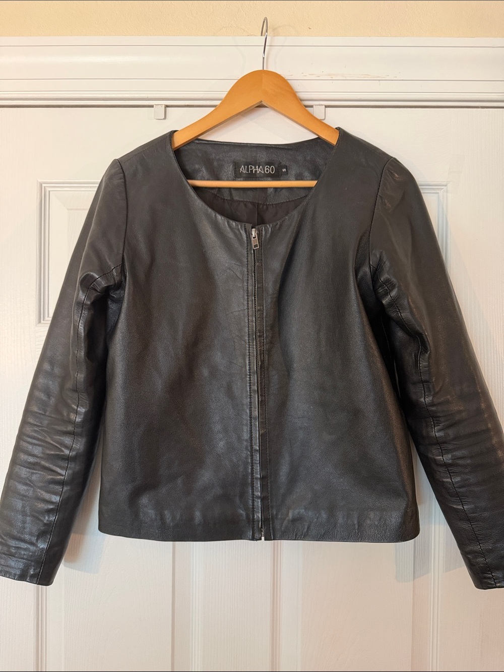 ALPHA60 Black Leather Zip-Front Round-Neck Jacket